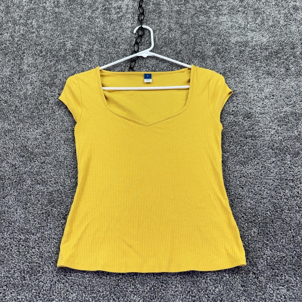 Old Navy Shirt Womens Small Yellow Ribbed Short Sleeve V Neck Casual Stretch